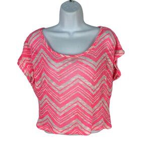 Discreet Womens Chevron Pink & White Short Sleeve Lightweight Top Size Small